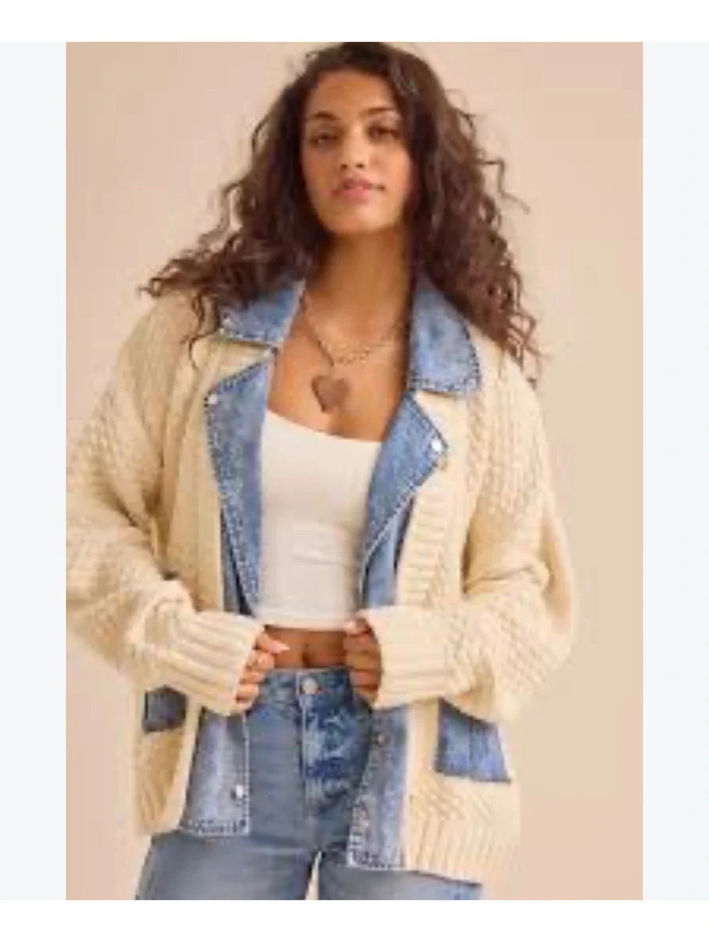Altar'd State Hadley Cable Denim Mixed Cardigan Womens L Cream Jean Jacket